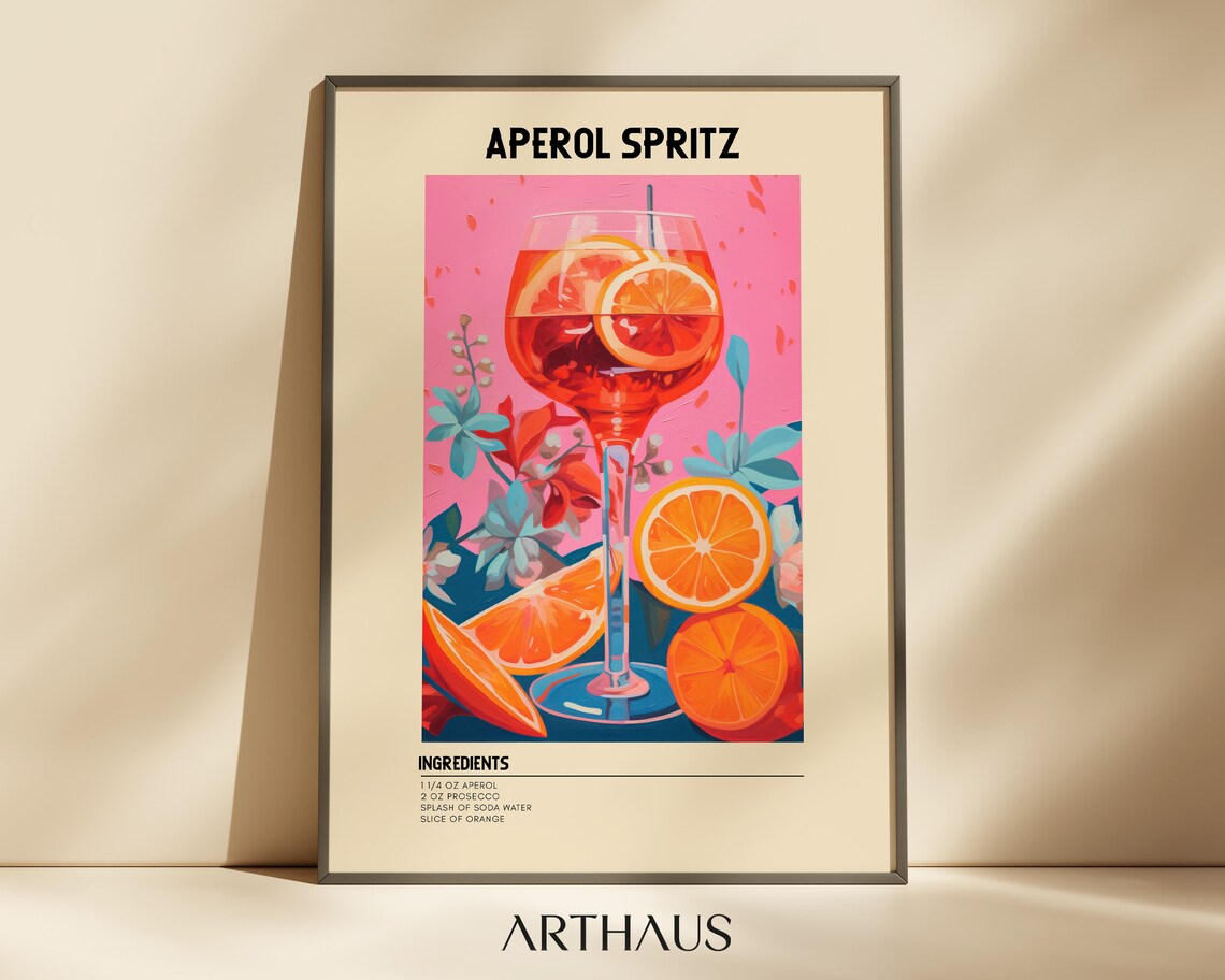 Aperol Spritz Cocktail Recipe Bold Vibrant Pink Bar Cart Print