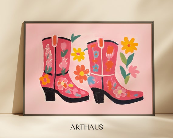 Cowgirl Boots Print Coastal Pink Painting Poster Western Nursery Painting Southern Girl Room Wall Art Boho Girly Decor Dopamine