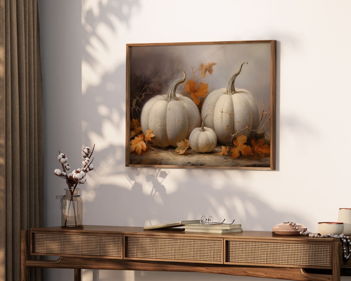 White Pumpkin Still Life Autumn Leaves Rustic Fall Art Poster - Image 3