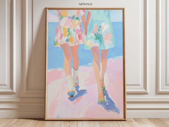 Coastal Cowgirl Friends Floral Dresses Beach Walk Pastel Poster