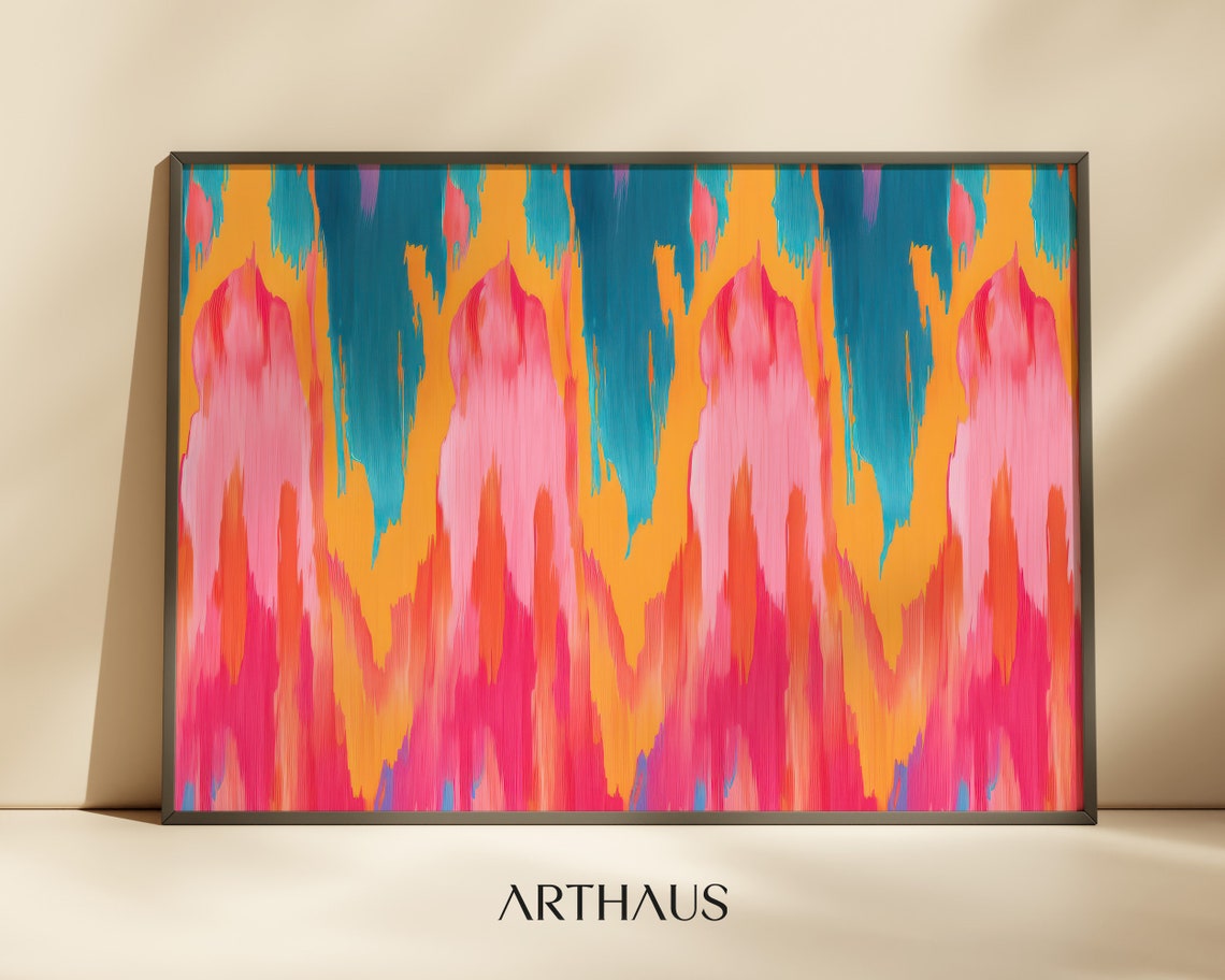 Sunset Flame Ikat Abstract In Pink Orange And Teal Art Print