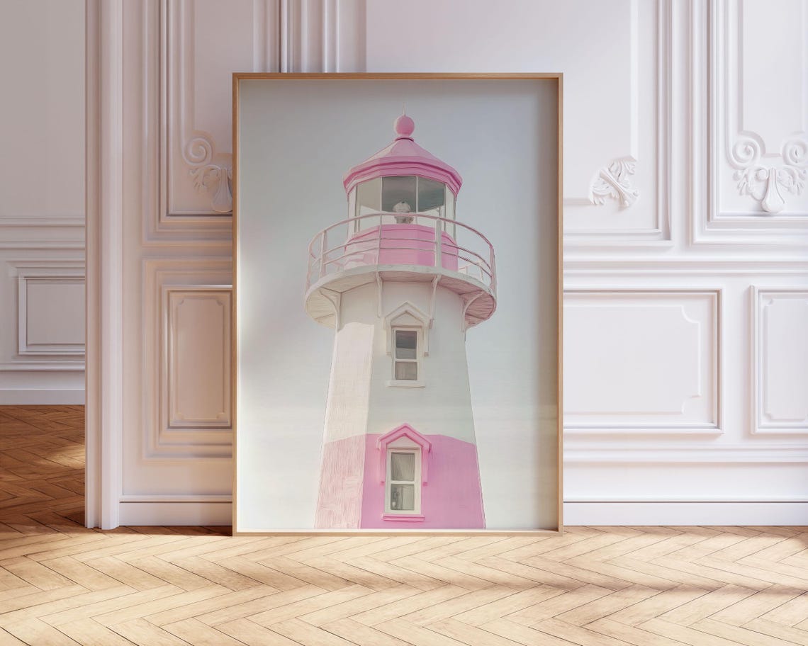 Pink Lighthouse Pastel Coastal Beach Cottage Girly Decor Wall Art