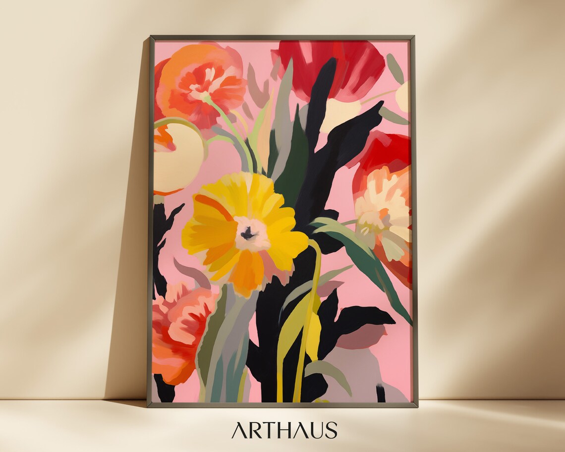Pink Yellow Floral Blooms Modern Botanical Gallery Art Print
