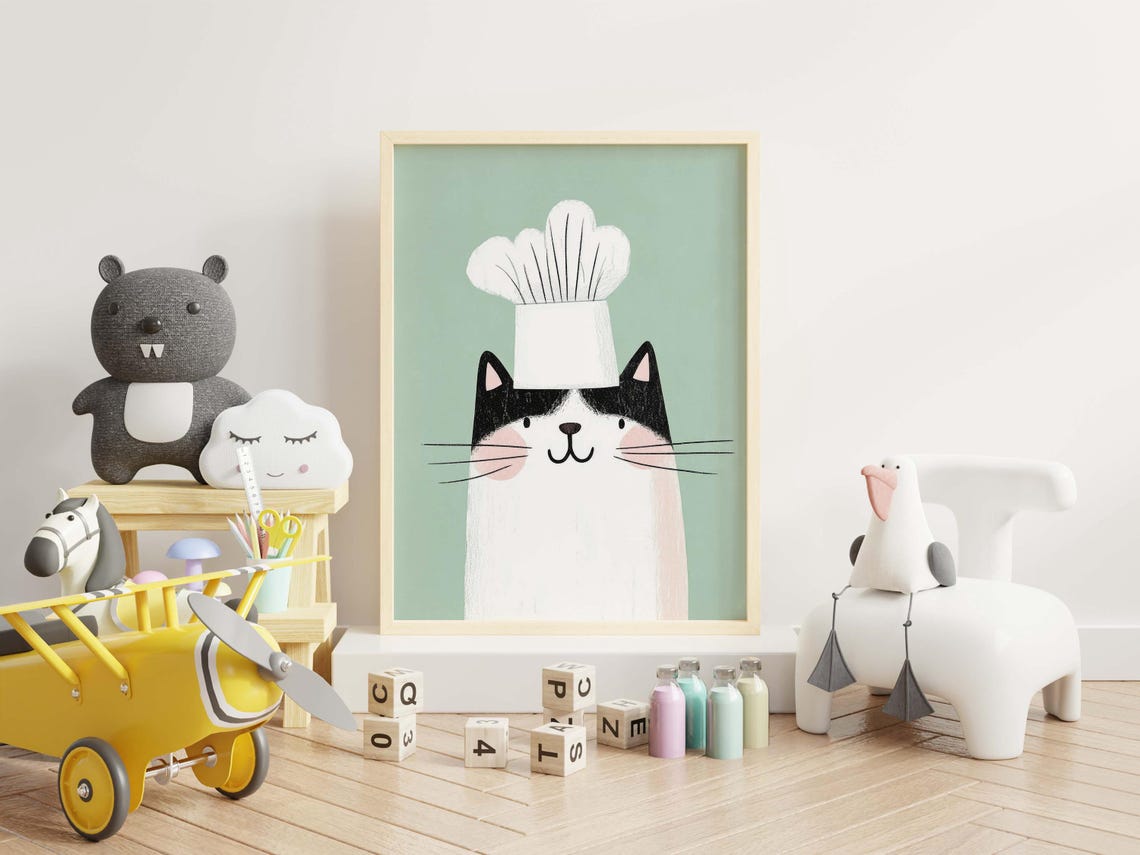 Cute Chef Cat Wearing Tall Hat Mint Nursery Kitchen Wall Art - Image 3