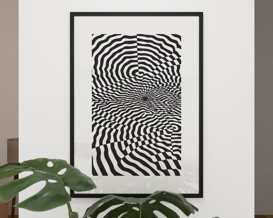 Black And White Wavy Grid Vortex Optical Art Illusion Print Design - Image 3