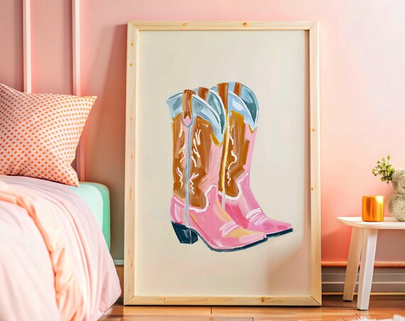 Pink Cowboy Boots Coquette Western Wall Art Girly Rodeo Room Decor