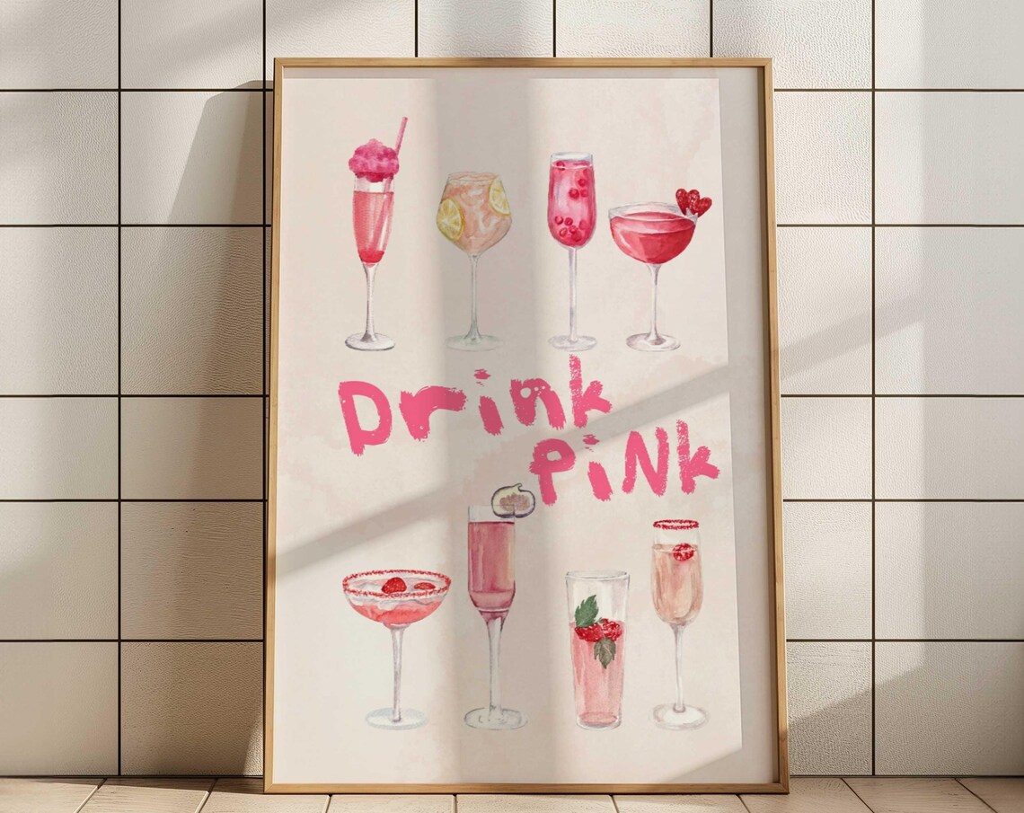 Drink Pink Cocktail Watercolor Art Print Bar Cart Party Wall Decor
