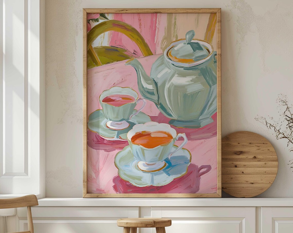 Pastel Teapot and Teacups Watercolor on Pink Tablecloth Kitchen Art Poster