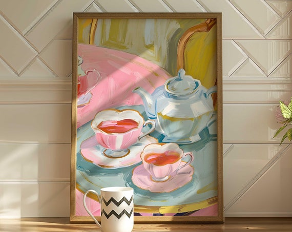 Grand Millenial Art Pastel Teapot And Teacup Wall Digital Printable Decor For Kitchen Tea Lover Cottagecore Watercolor