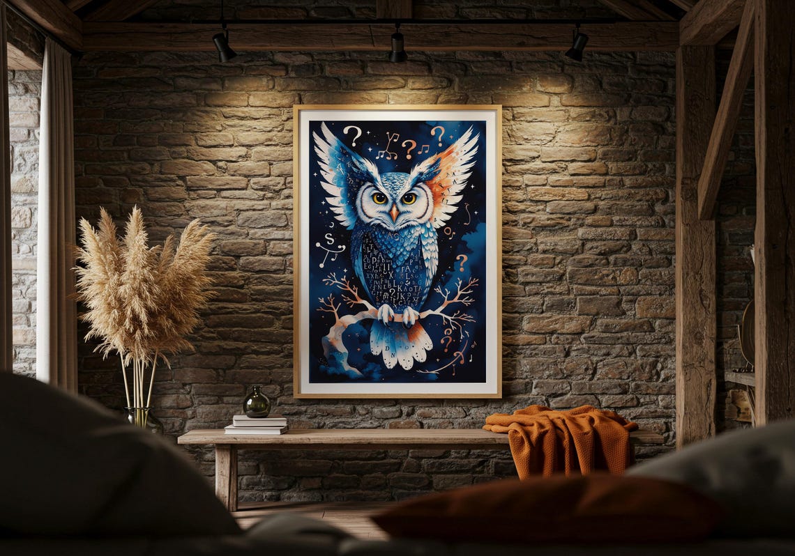 Blue Owl with Question Marks Musical Notes Whimsical Art Poster
