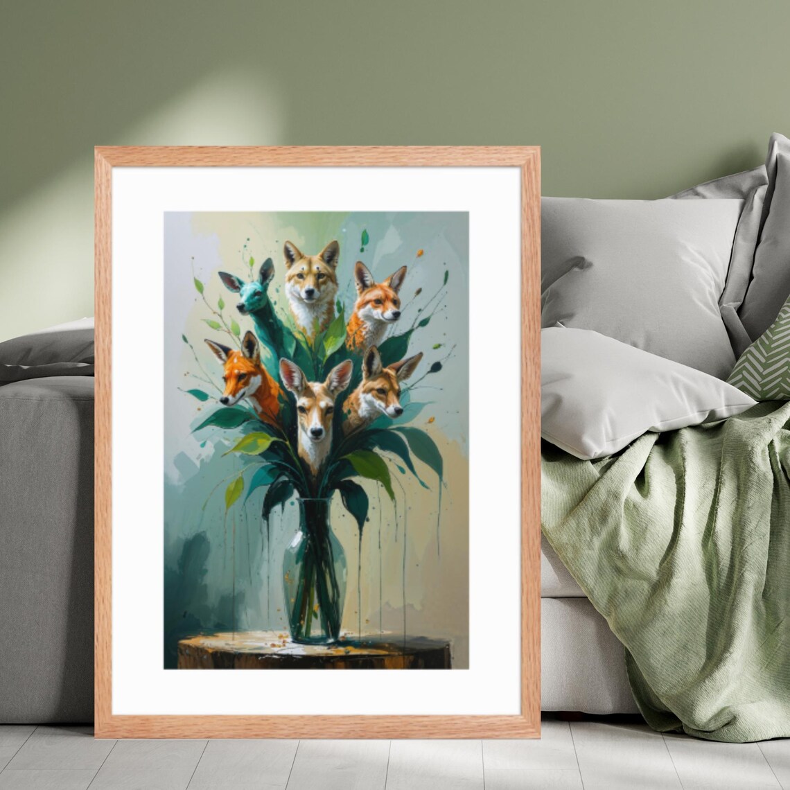 Surreal Animal Bouquet Art Print Abstract Fox Deer Wolf Decor