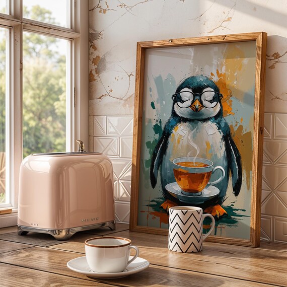 Cute Penguin Wearing Glasses Sipping Tea Cozy Kitchen Art Poster