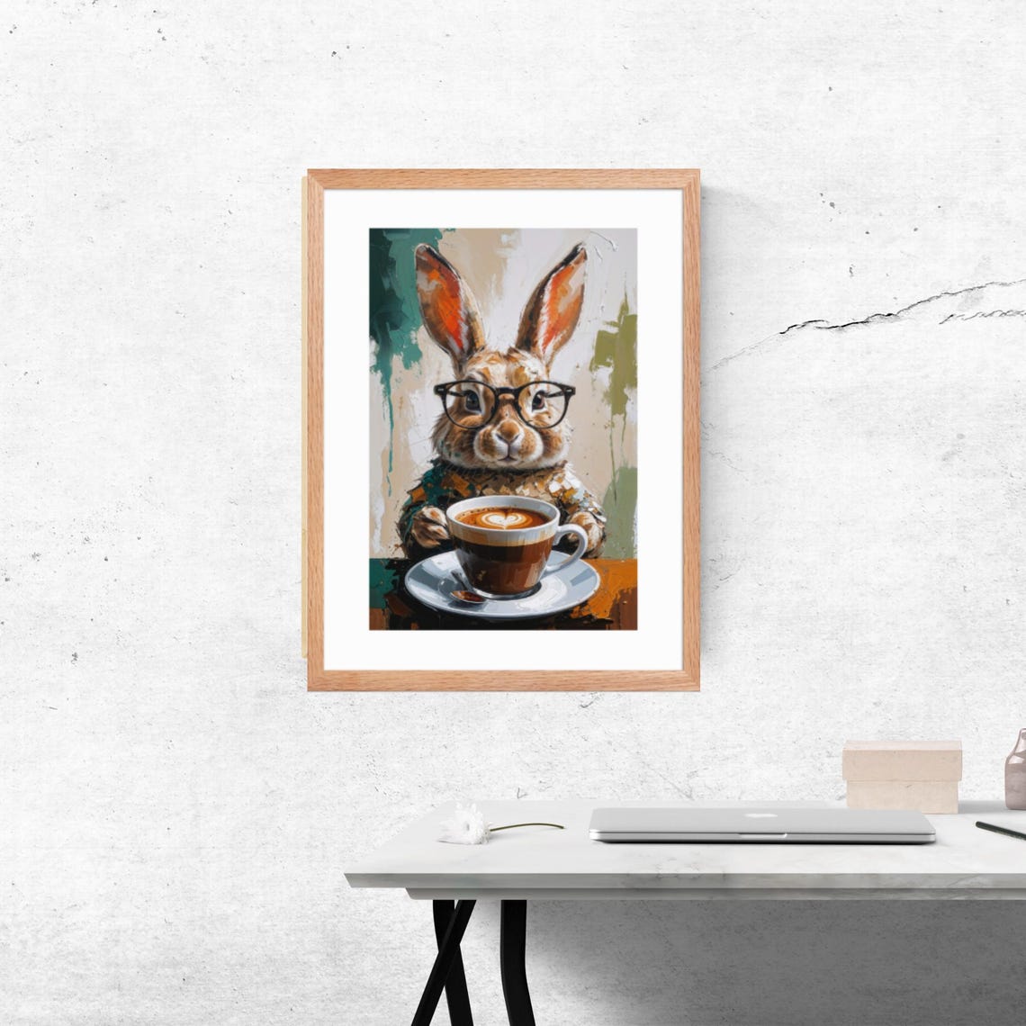 Charming Rabbit Wearing Glasses Holding Coffee Cup Painted Poster