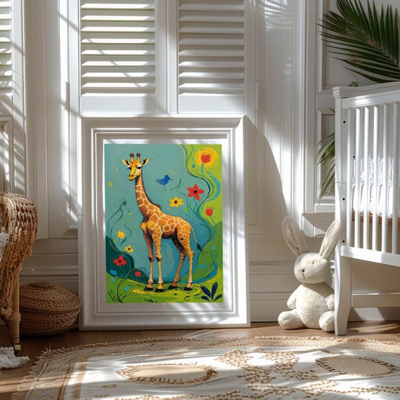 Whimsical Giraffe Art Print Colorful Boho Jungle Wall Decor Playful Animal Illustration