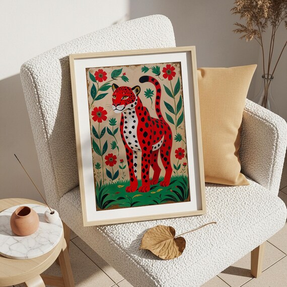 Vibrant Red Spotted Leopard Folk Art With Red Flowers Poster