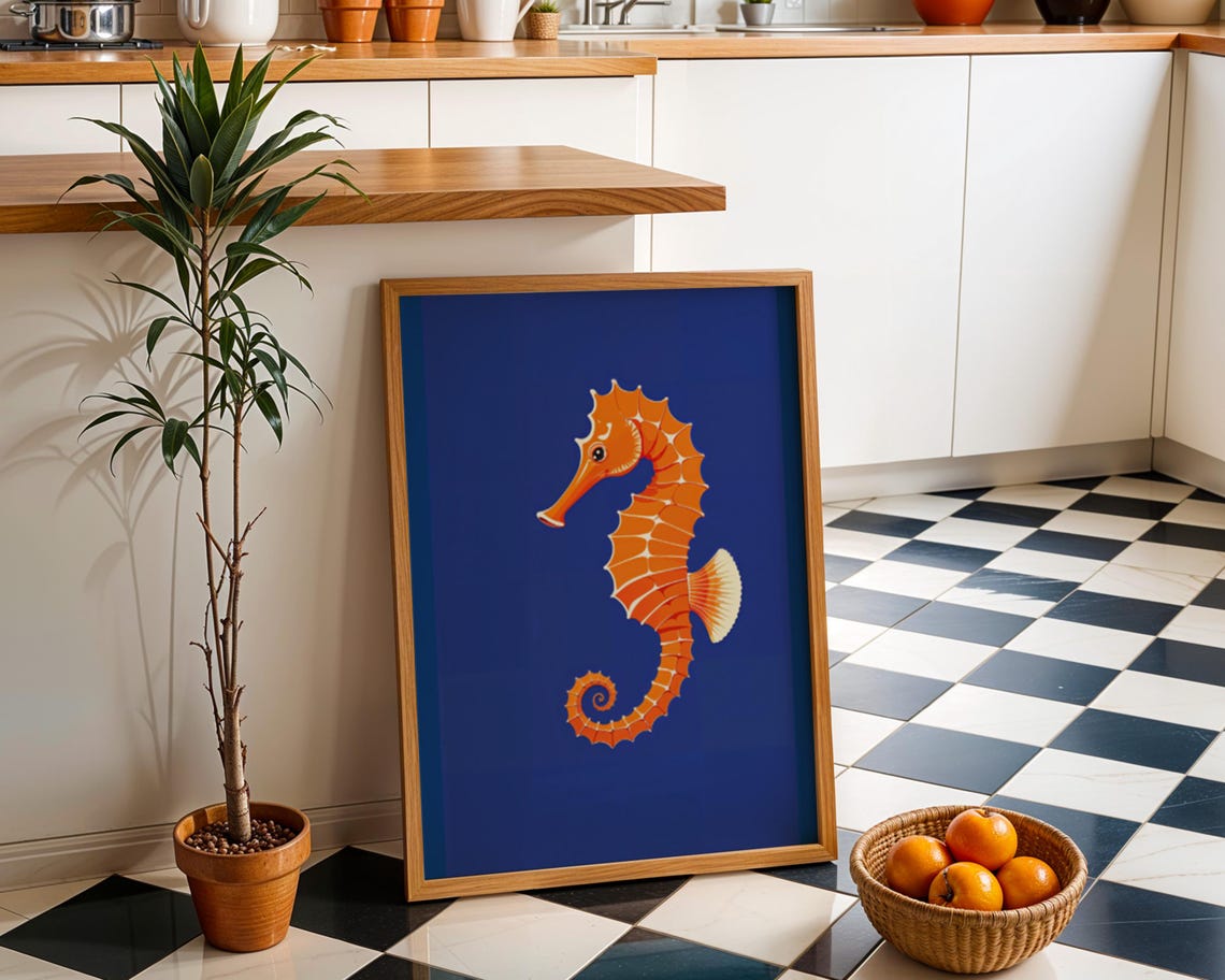 Bold Orange Seahorse Art Print Blue Background Modern Coastal Wall Decor