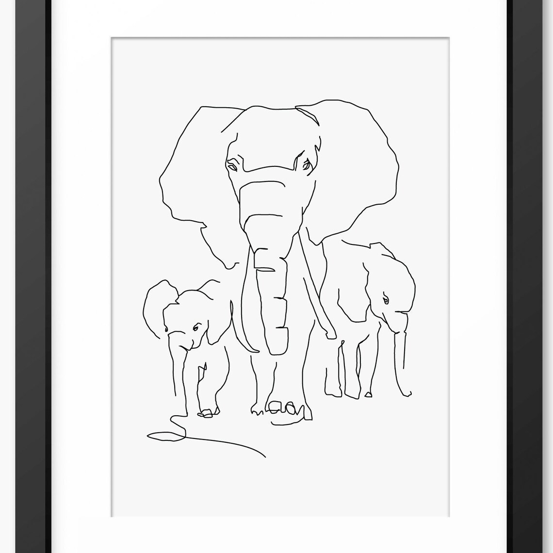 Elephant Mother And Two Calves Line Drawing Safari Family Poster