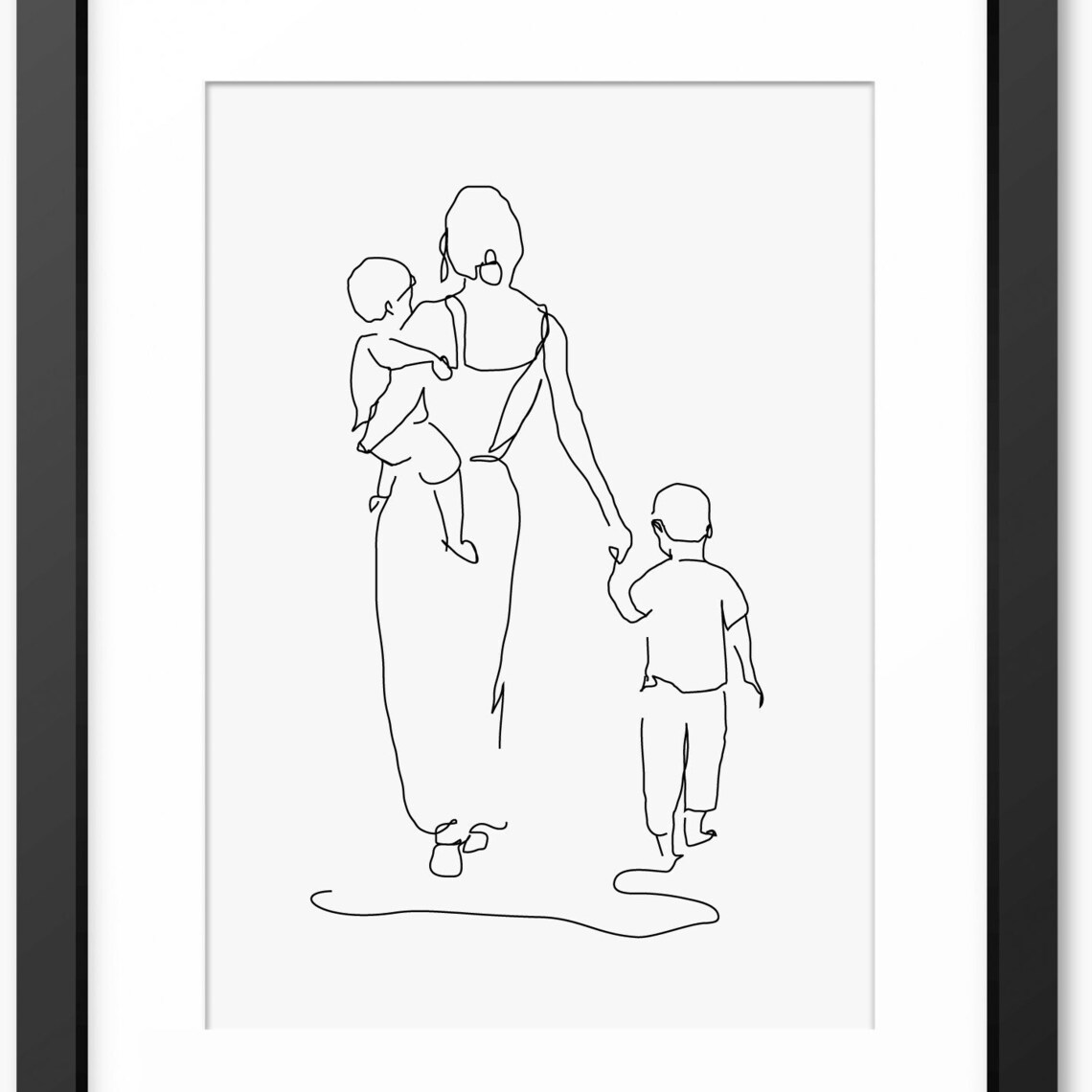 Mother Walking Away With Two Children Continuous Line Art Poster