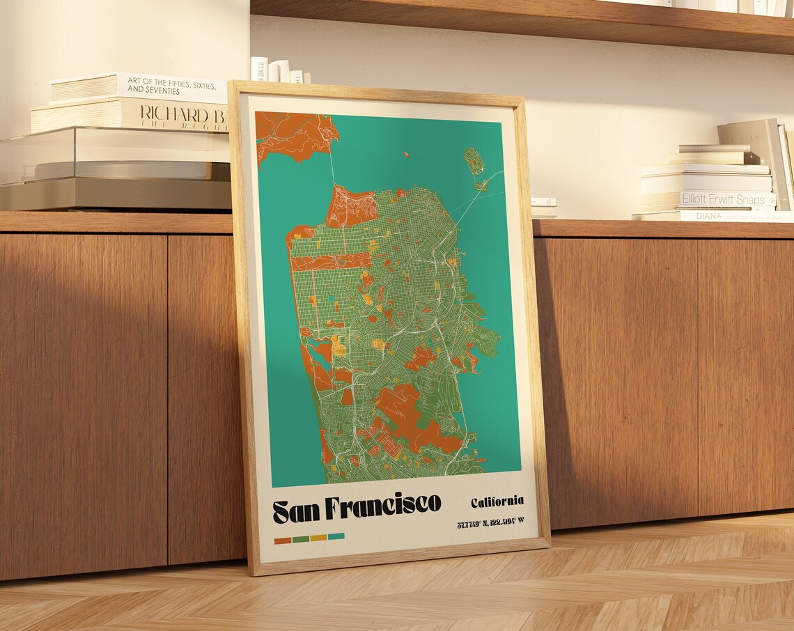 San Francisco California Colorful Retro City Map Travel Poster