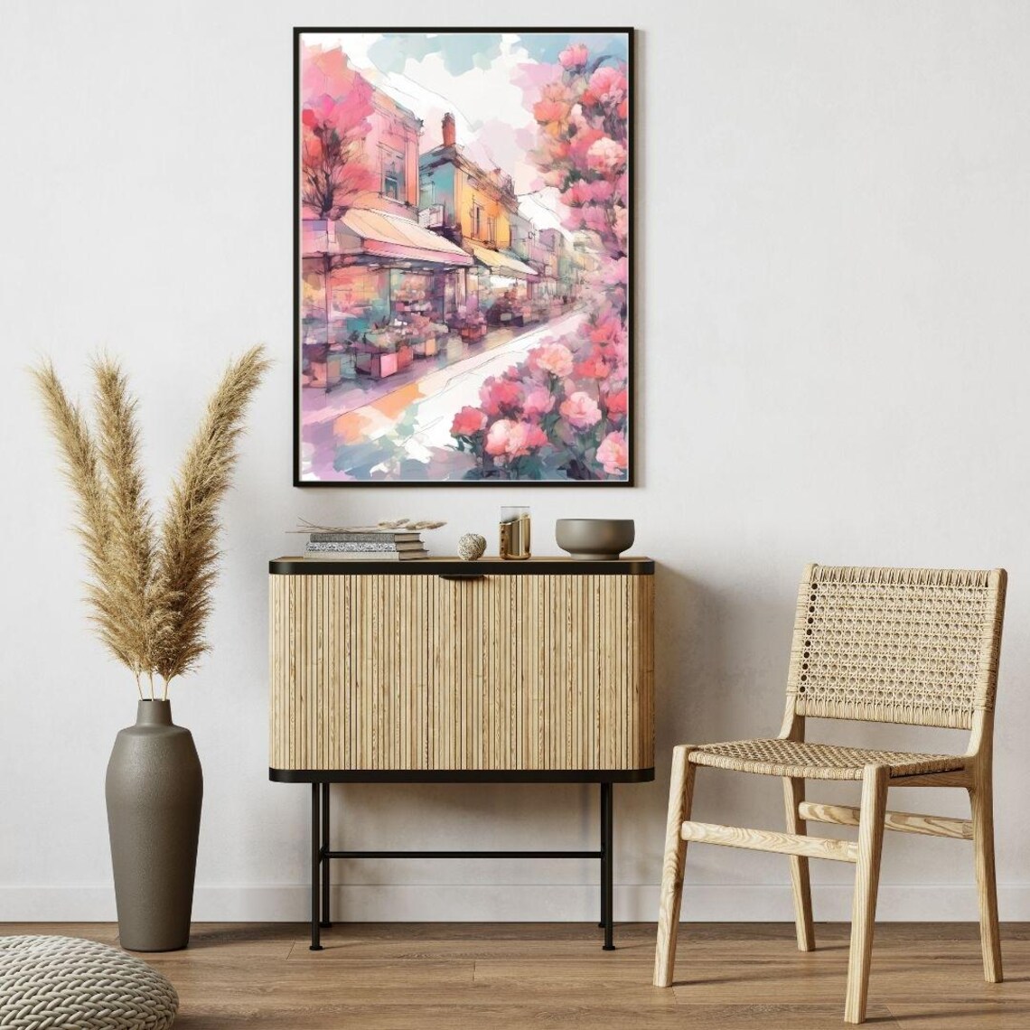 European Old Town Street Pink Blossom Watercolor Spring Travel Poster - Image 3