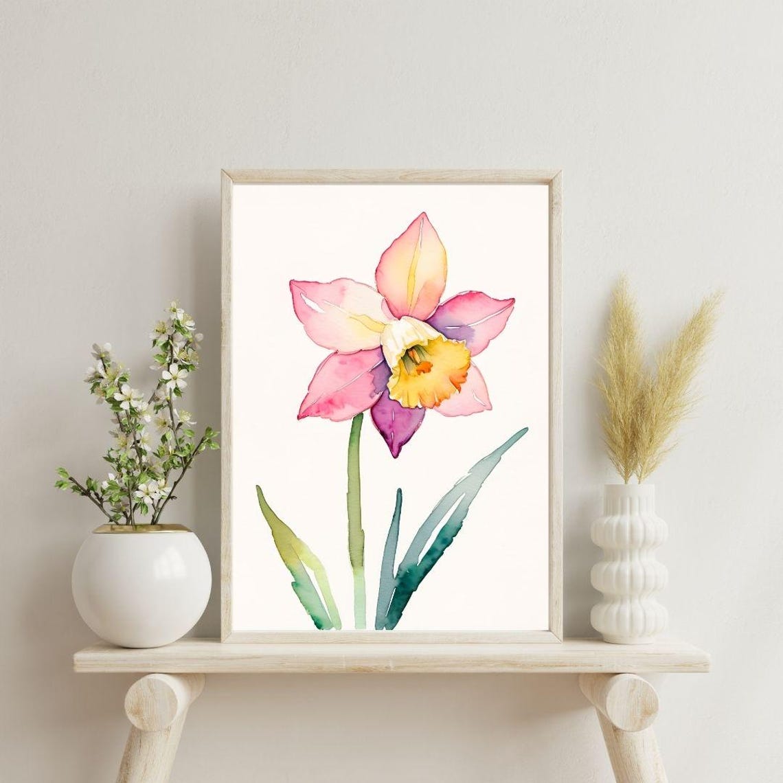 Pink Daffodil Watercolor Single Bloom Spring Minimalist Wall Art Print