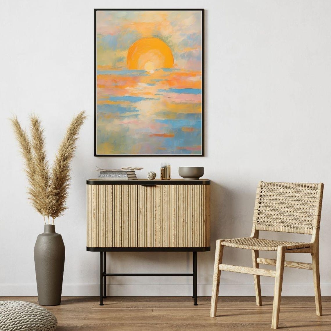 Pastel Ocean Sunset Abstract Big Sun Calm Beach Waves Wall Art - Image 4