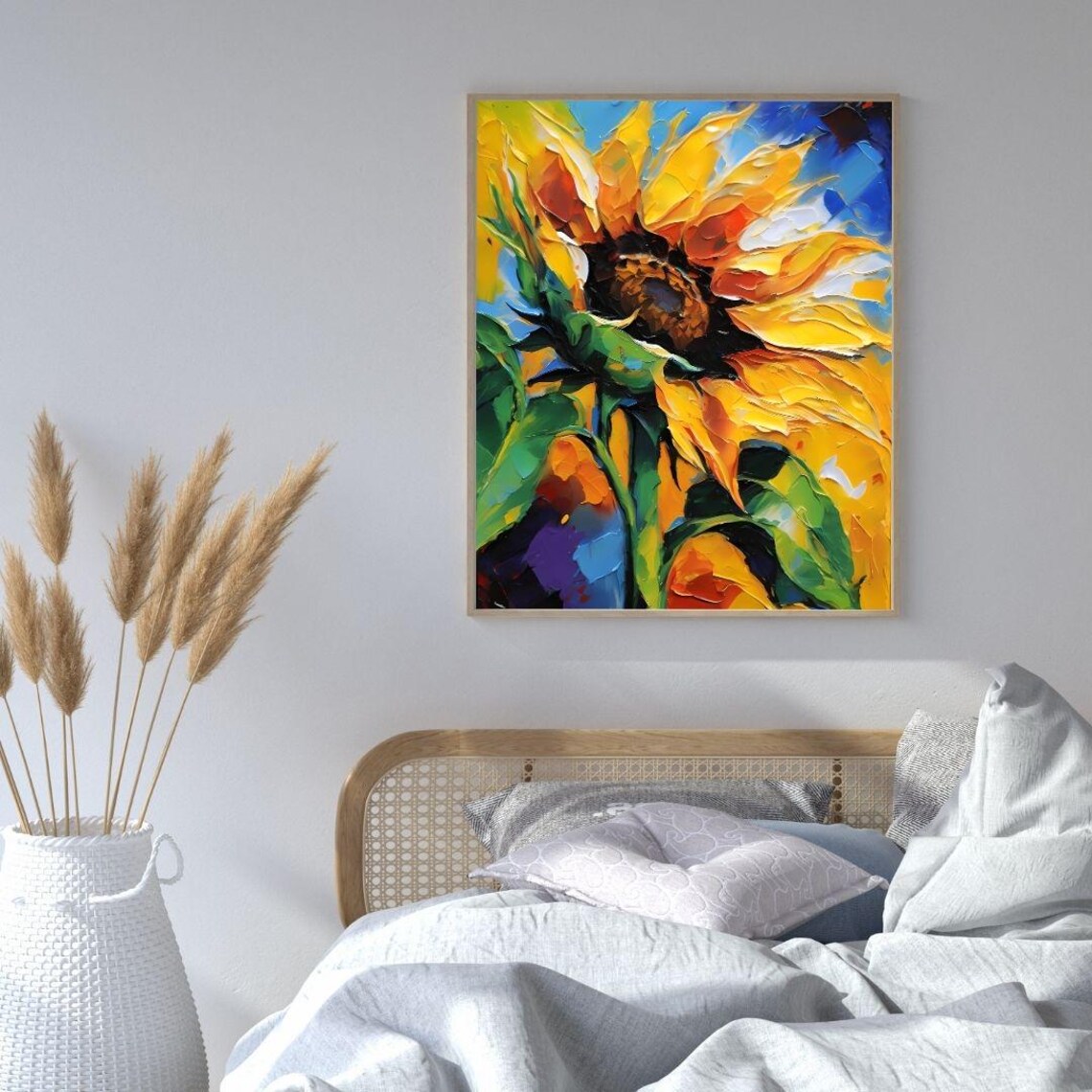 Bright Sunflower Impasto Oil Painting Blue Sky Summer Wall Art Print - Image 4
