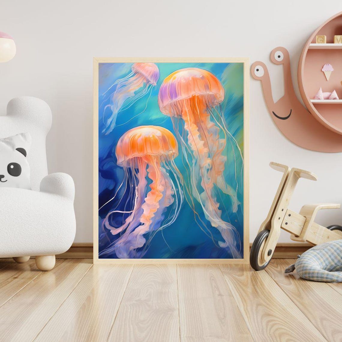 Glowing Jellyfish Trio Underwater Deep Blue Sea Life Ocean Wall Art - Image 4