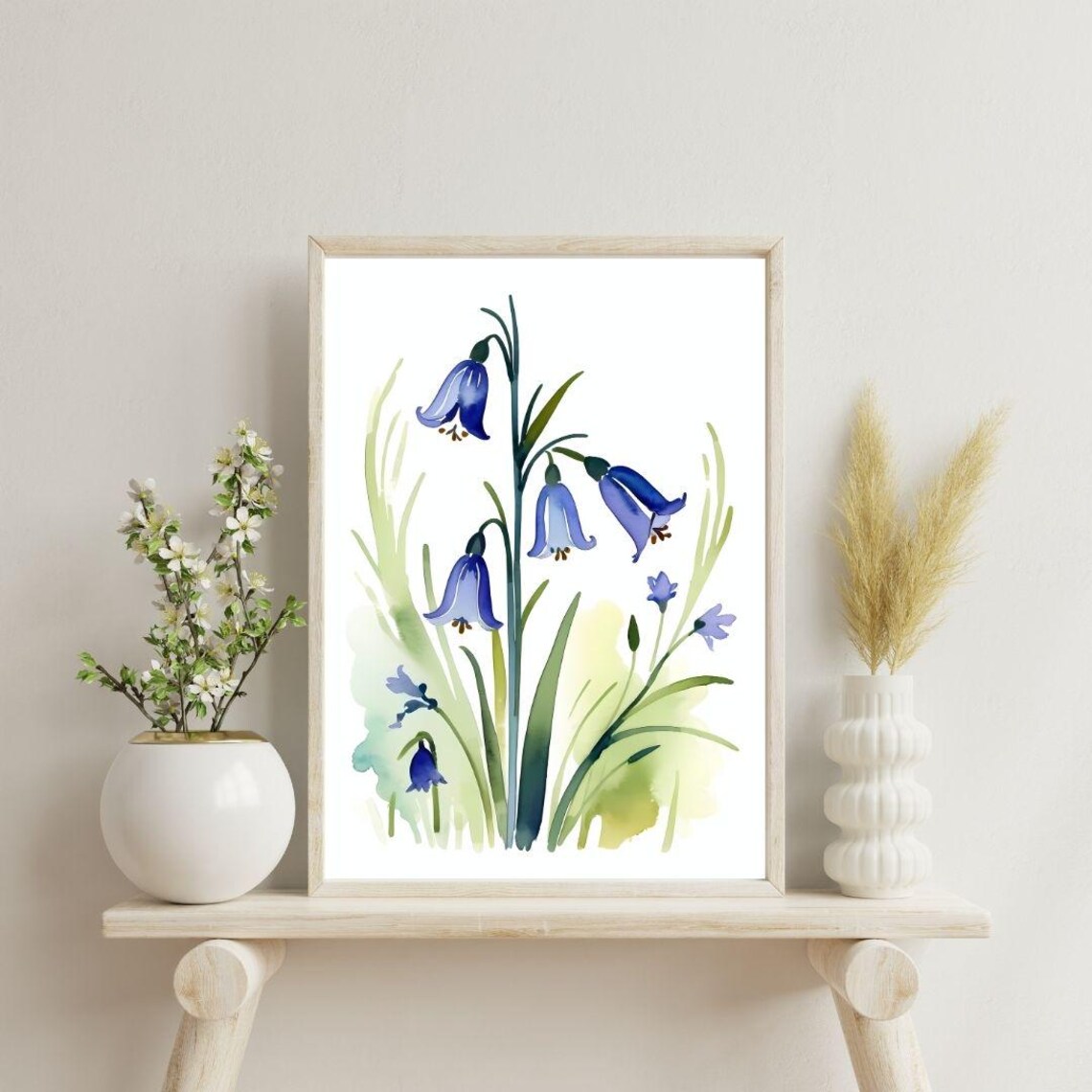 Blue Bluebell Flowers Watercolor Botanical Minimalist Wall Art