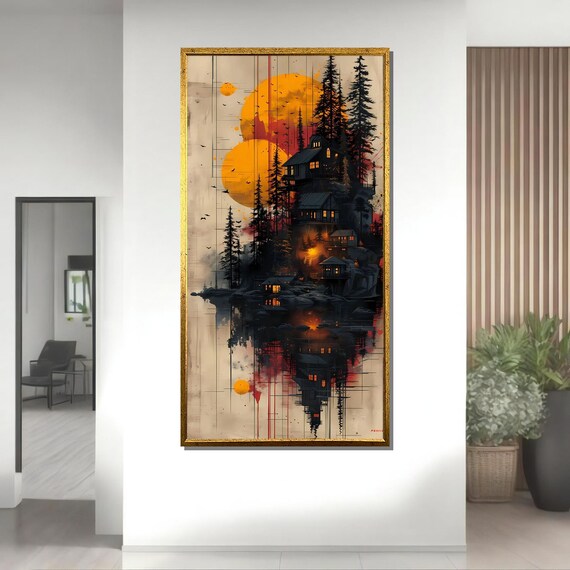 Surreal Sunset Cabin Art Forest Reflections Dreamlike Landscape Wall Decor Warm Tones Abstract Art Ready To Hang