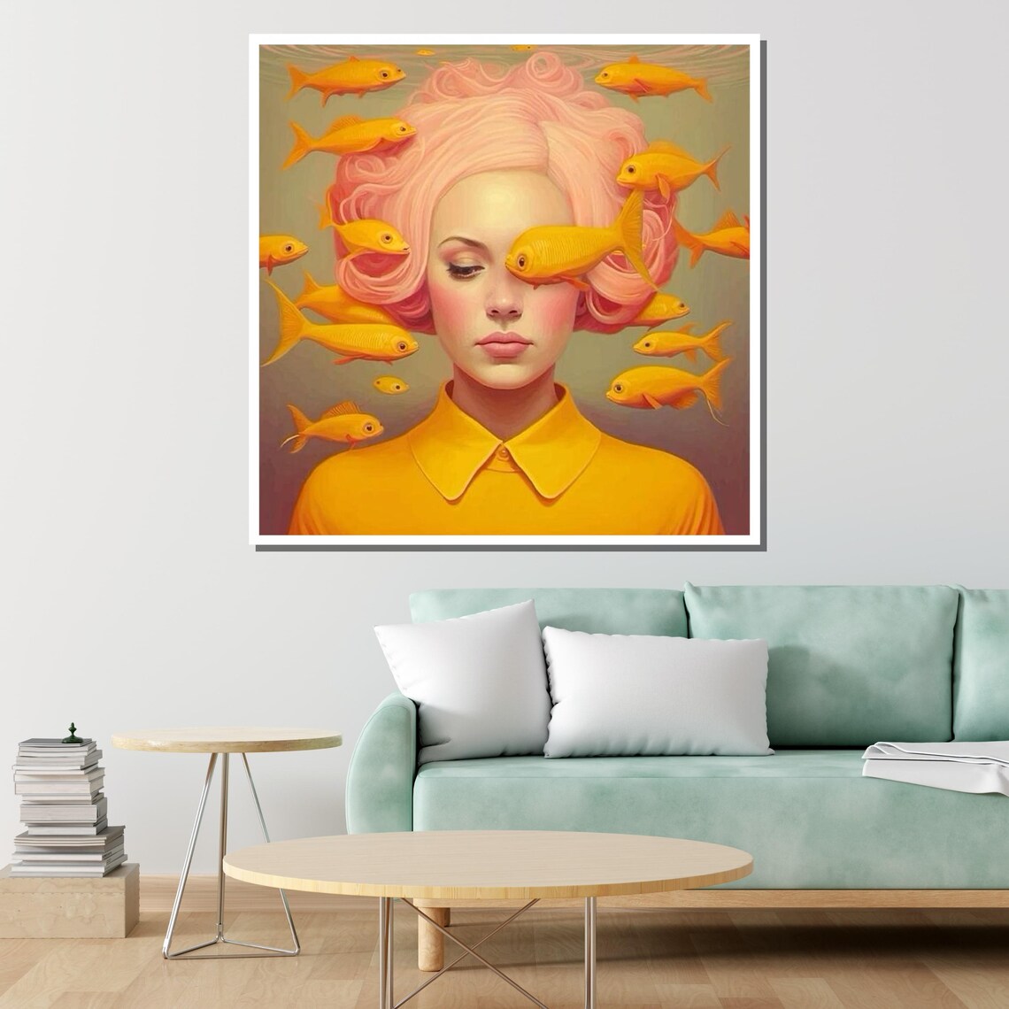 Surreal Goldfish Girl Portrait Whimsical Pink Hair Fantasy Wall Poster - Image 4