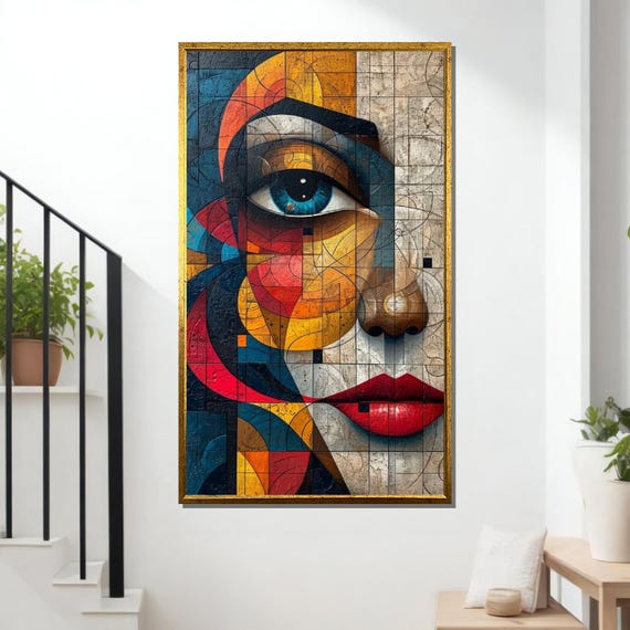 Geometric Woman Portrait Abstract Modern Art Vibrant Cubist Wall Art Design Ready To Hang