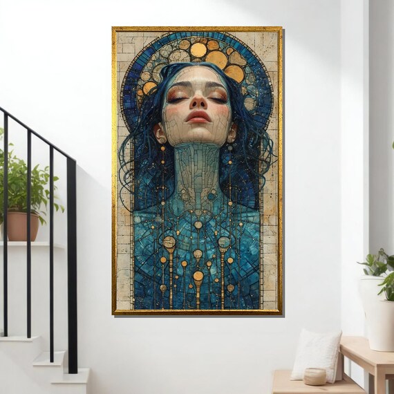 Ethereal Stained Glass Woman Blue Gold Mosaic Halo Mystical Portrait Poster