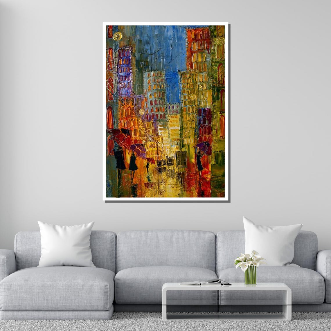Colorful Rainy City Night Lights Abstract Cityscape Umbrella Poster - Image 2