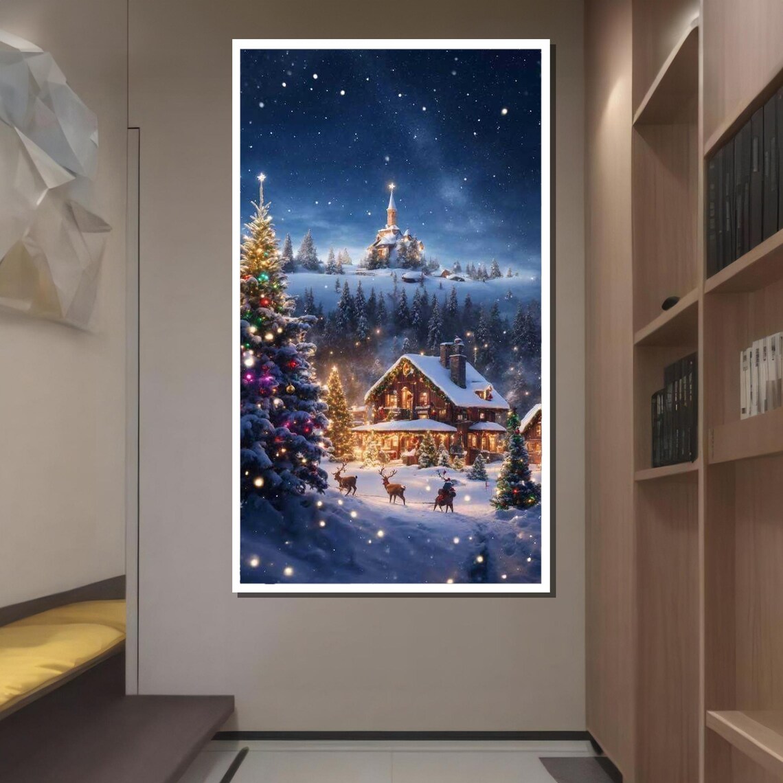 Cozy Christmas Village Winter Night Snowy Cabins Holiday Art Poster - Image 2
