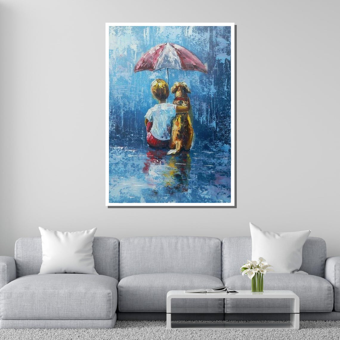 Boy And Dog In The Rain Umbrella Friendship Heartwarming Art Poster - Image 4