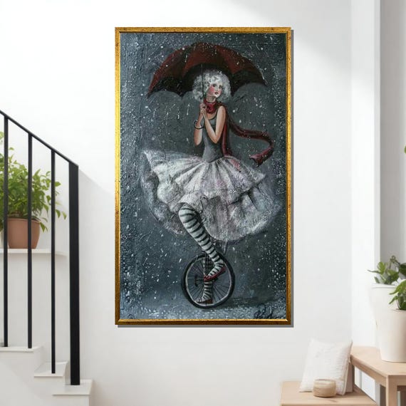 Whimsical Ballerina Circus Girl Wall Art Vintage Rainy Day Decor Unique Home Design Ready To Hang