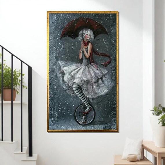 Whimsical Circus Girl With Umbrella Riding Unicycle In Rain Wall Poster