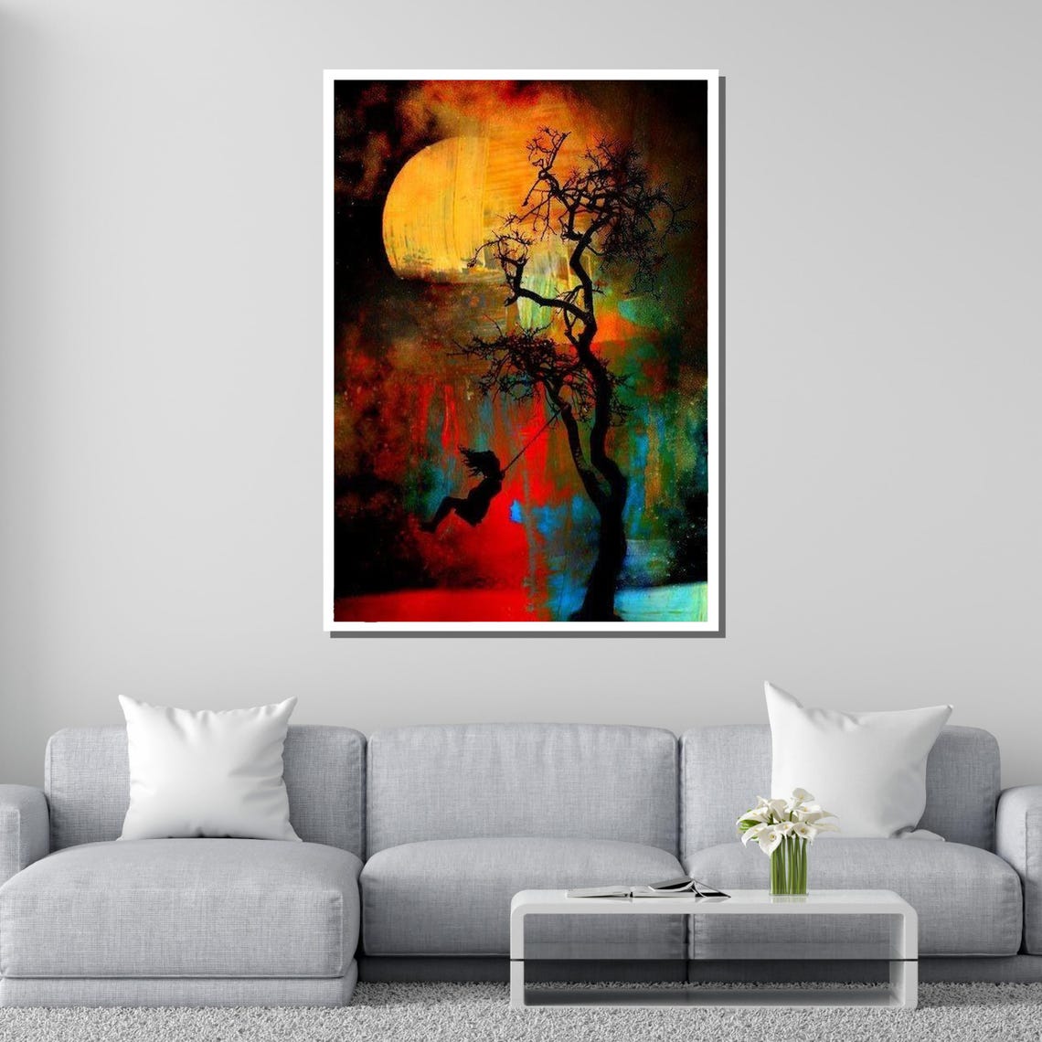 Girl on Swing Under Golden Moon Dreamlike Silhouette Tree Art Poster - Image 2