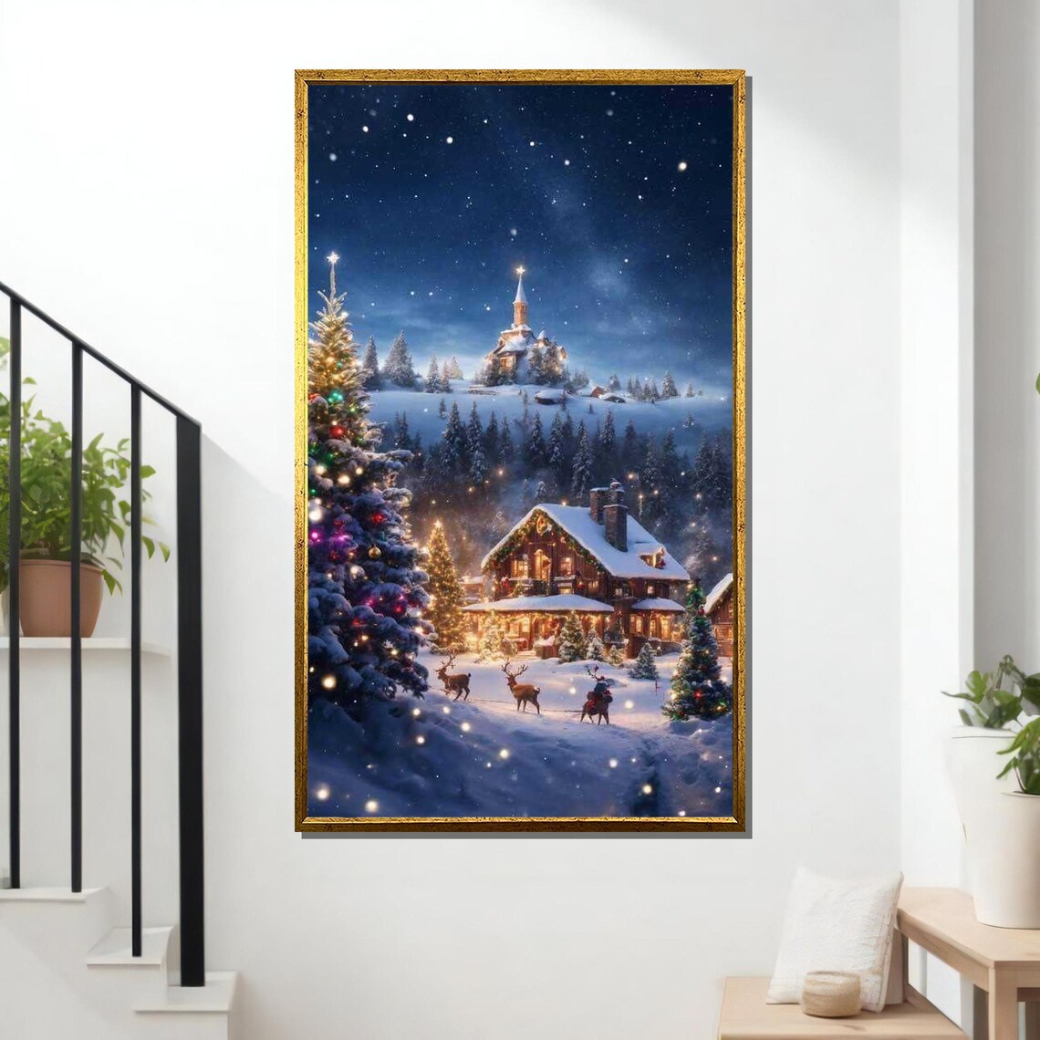Cozy Christmas Village Winter Night Snowy Cabins Holiday Art Poster