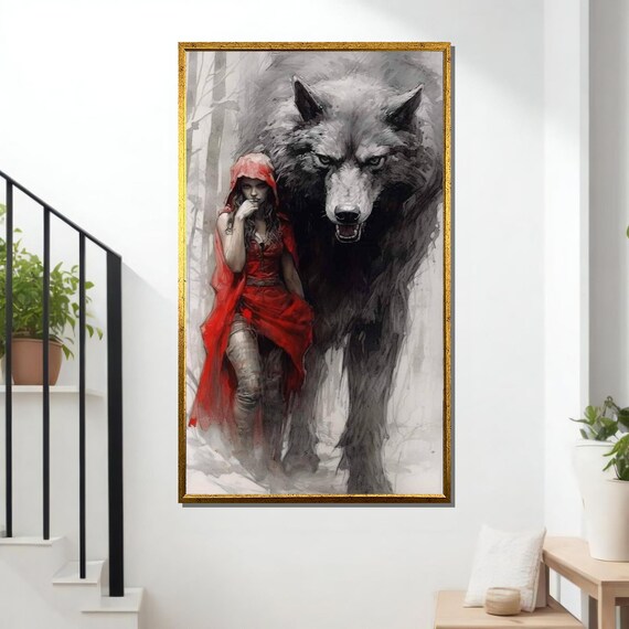 Red Riding Hood and Giant Wolf Snowy Forest Dark Fairytale Art Poster