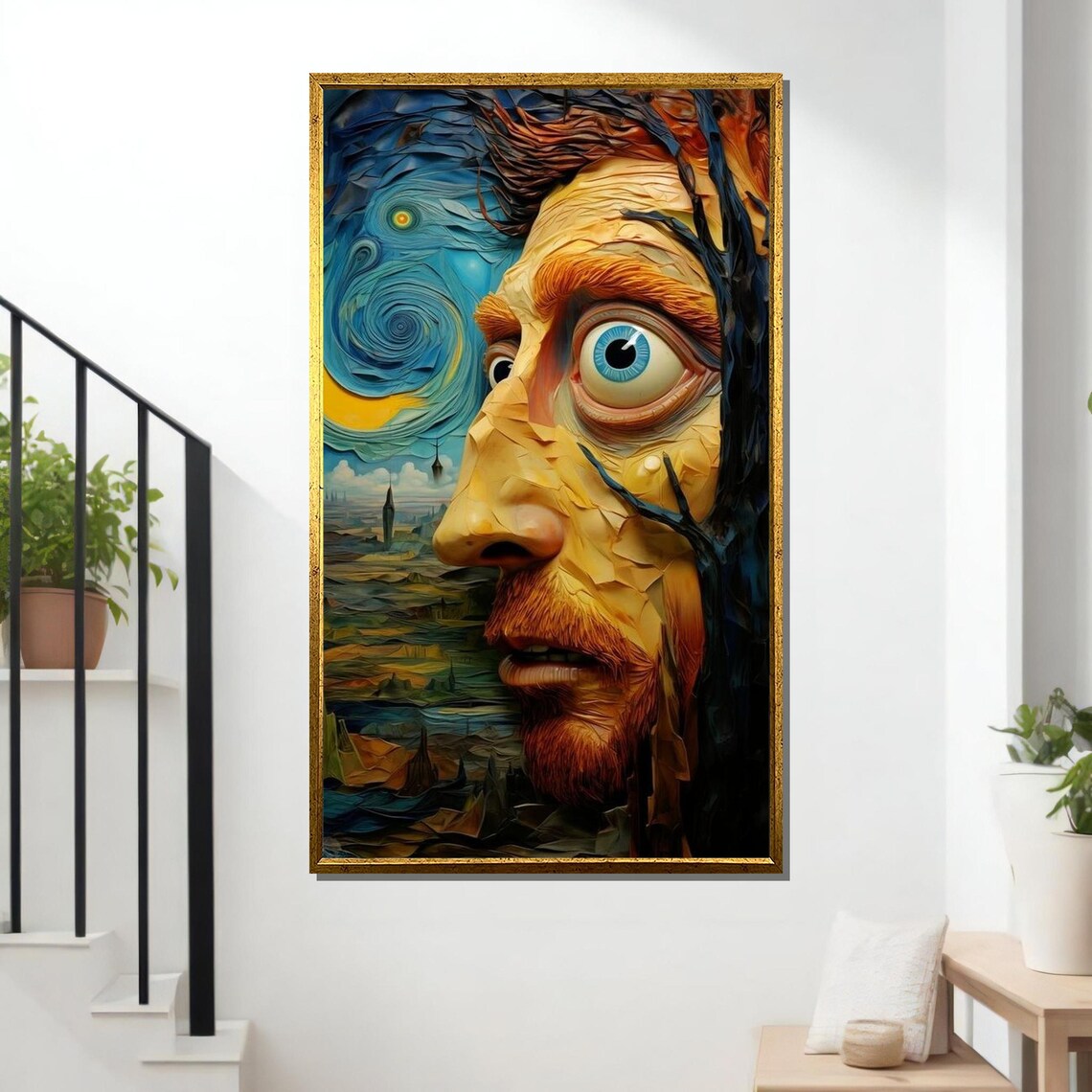Surreal Starry Night Portrait Swirling Blue Sky Impasto Face Art Poster