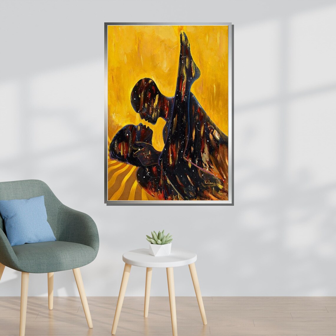Cosmic Lovers Embrace Golden Yellow Abstract Couple Silhouette Poster - Image 3