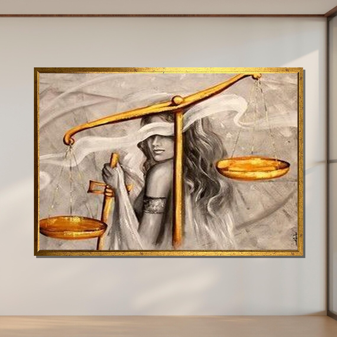 Blindfolded Lady Justice Golden Scales Abstract Painting Wall Poster