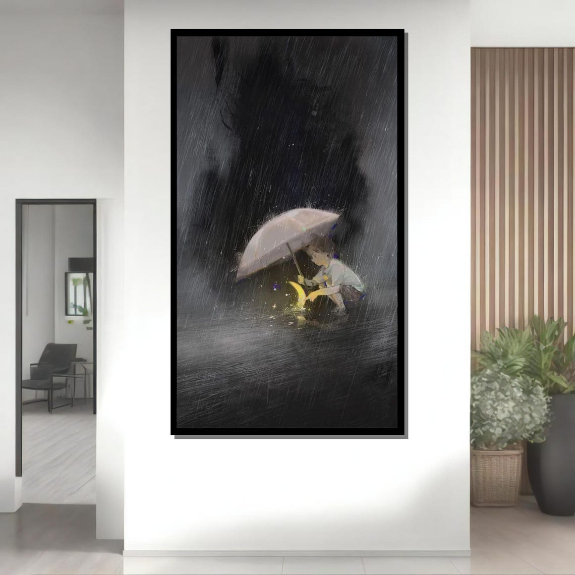 Magical Rainy Night Boy With Umbrella Glowing Moonlight Fantasy Poster - Image 4