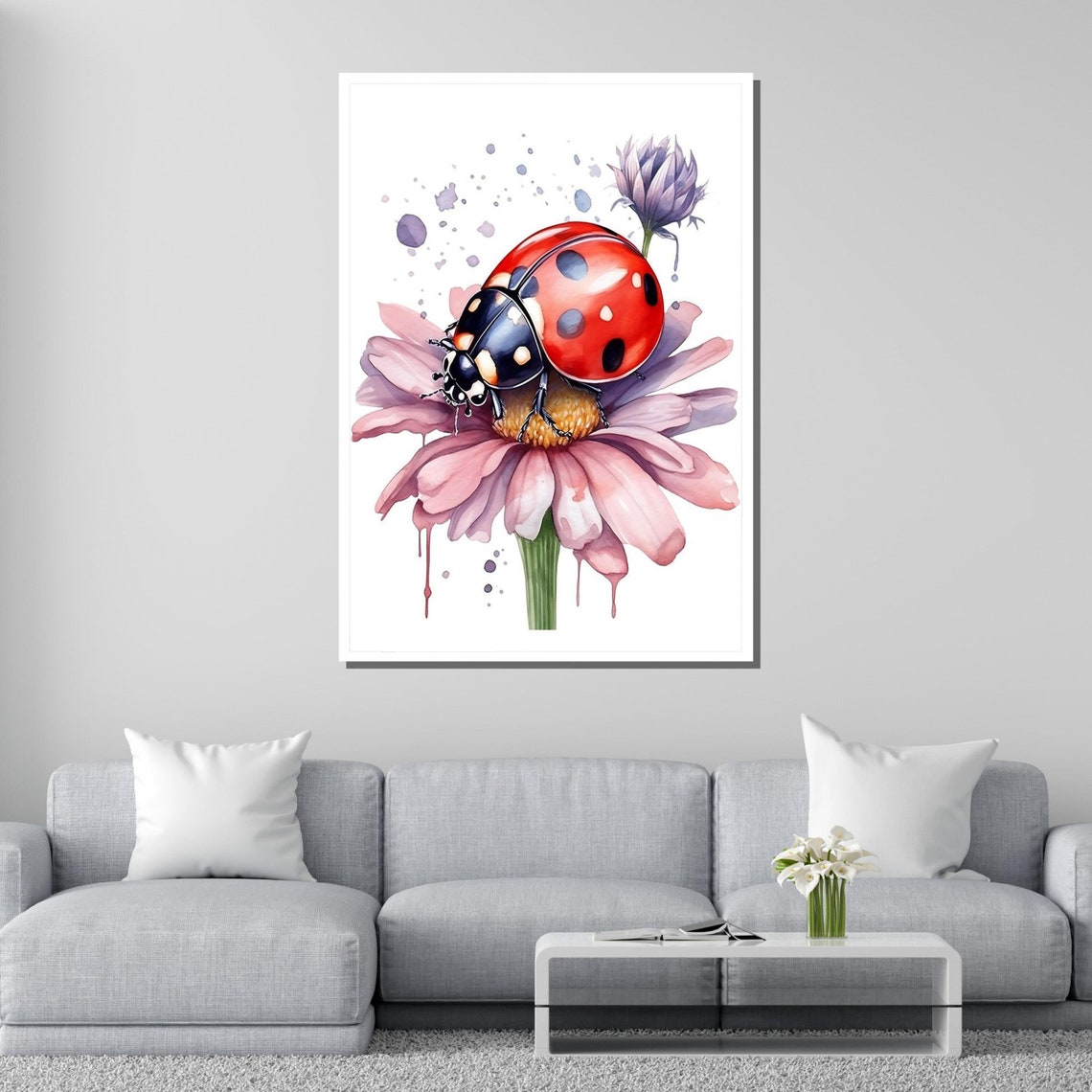 Ladybug On Flower Whimsical Insect Art Floral Nature Print Cute Bug Poster Wall Art Design Ready To Hang Decoration - Image 2