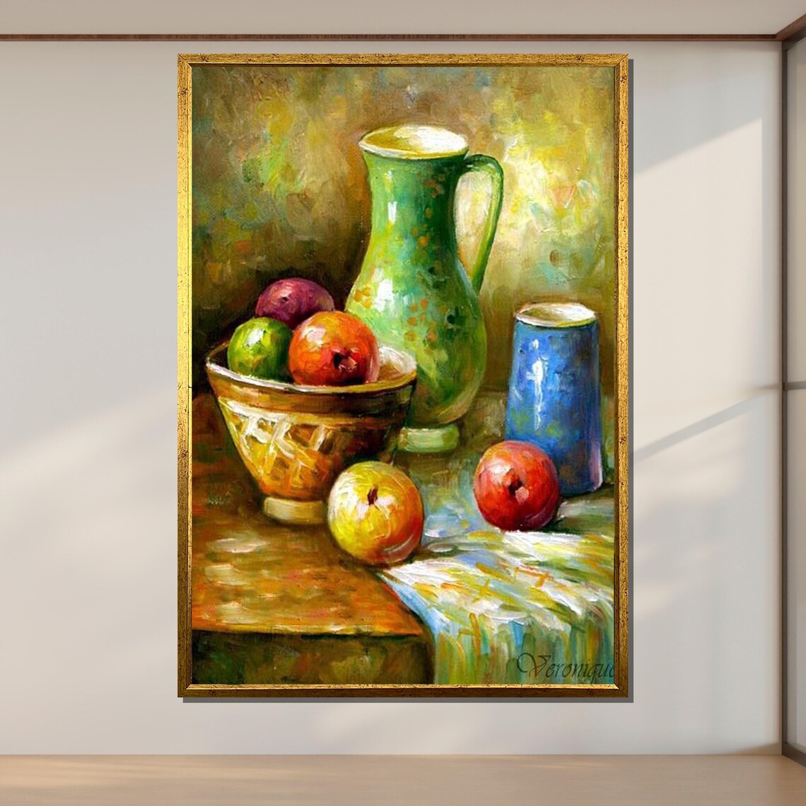 Rustic Fruit Still Life Vibrant Kitchen Art Colorful Jug And Apples Traditional Oil Painting Ready To Hang Home Decor