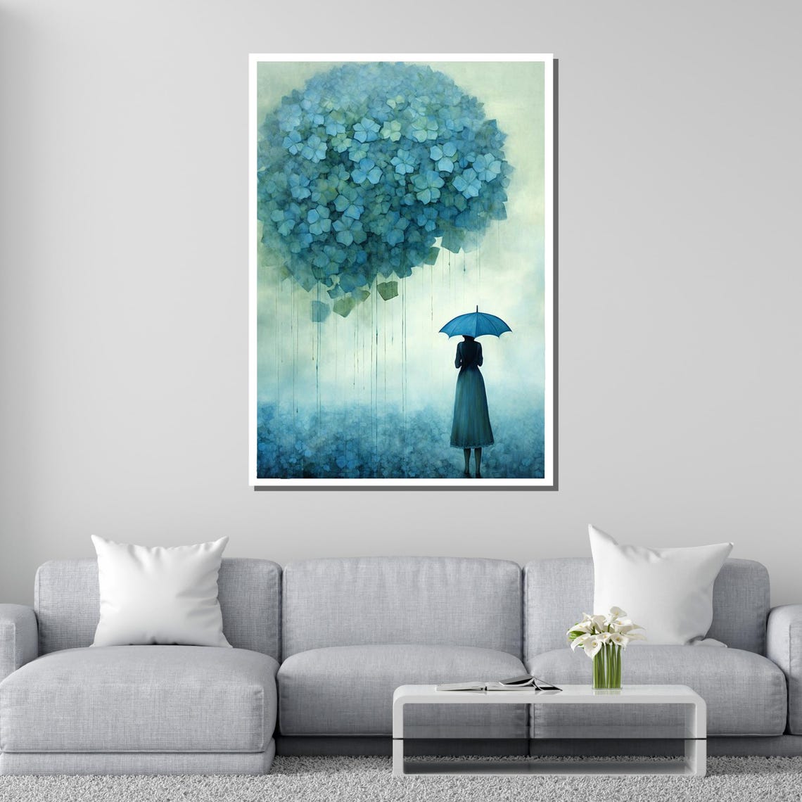 Dreamy Blue Hydrangea Blossoms Woman With Umbrella Serene Art Poster - Image 2