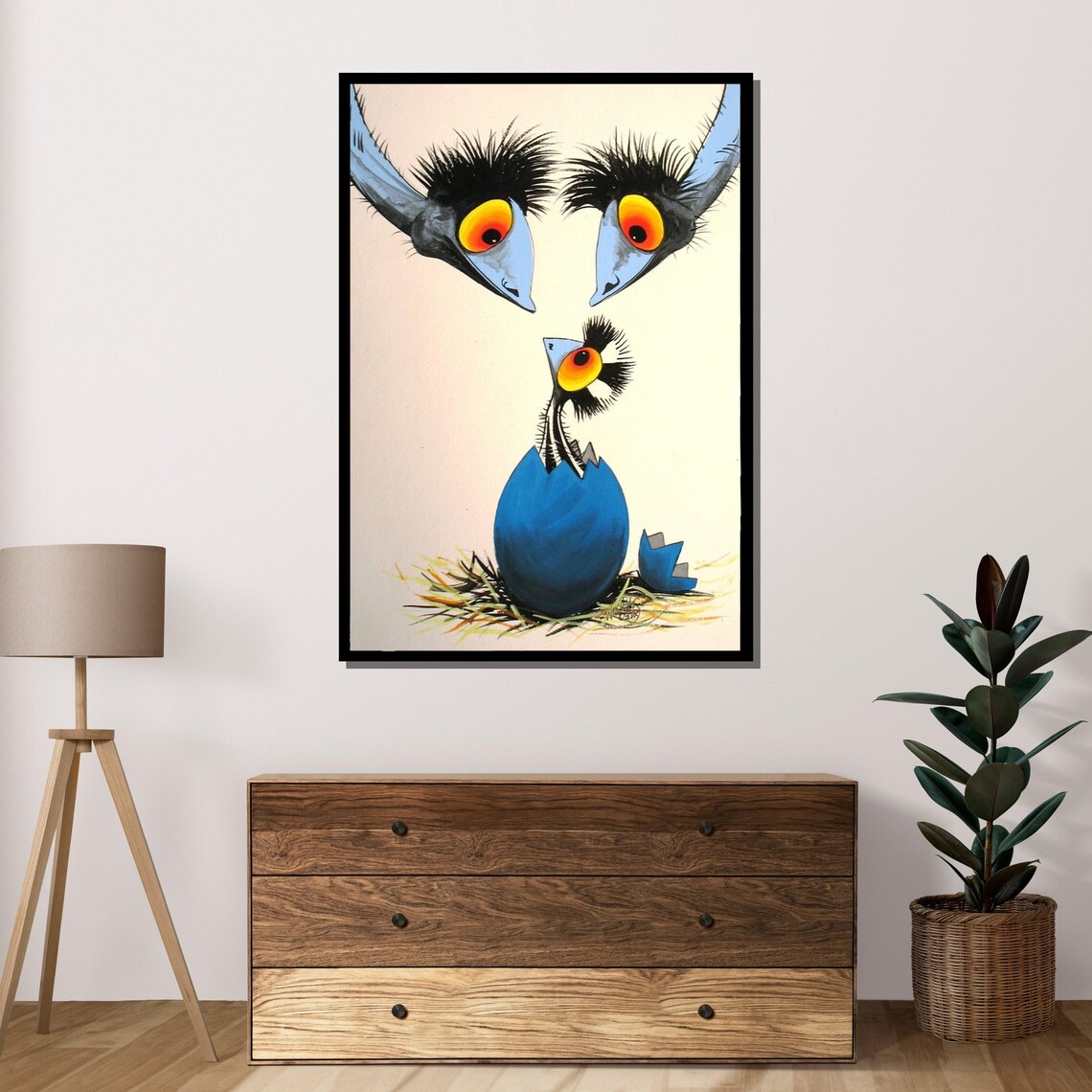 Quirky Bird Family Hatching Egg Whimsical Nursery Cartoon Art Poster