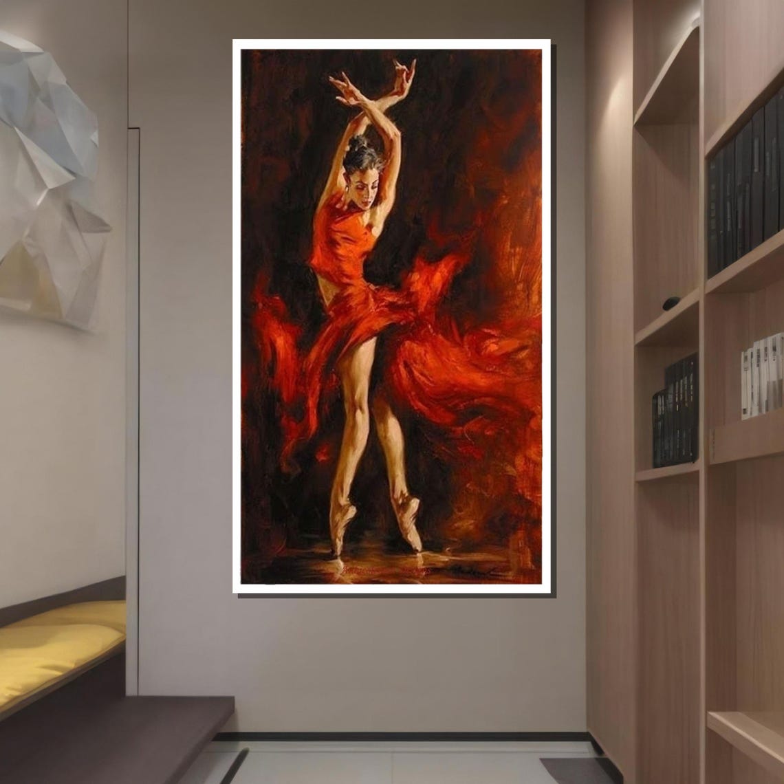 Flamenco Dancer Red Dress Ballet Art Elegant Flamenco Wall Art Passionate Dance Painting Ready To Hang - Image 2
